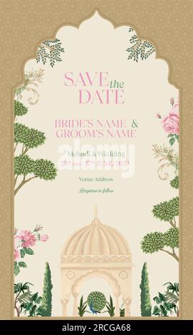 Disegno della carta d'invito per matrimoni moghul. Scheda di invito per la stampa di illustrazioni vettoriali. Illustrazione Vettoriale