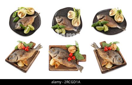 Delizioso pesce dorado arrosto con verdure, basilico e agrumi su sfondo bianco, design collage Foto Stock