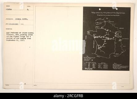 Mappa preparata dal Chief Signal Officer, AEF, che mostra i piani del Signal Corps per un periodo di sei mesi a partire dal 21 settembre 1917. La mappa è numerata 63658 ed è stata ricevuta il 19 febbraio 1921. La foto è stata scattata dal Signal Corps. La mappa include simboli e note. Foto Stock