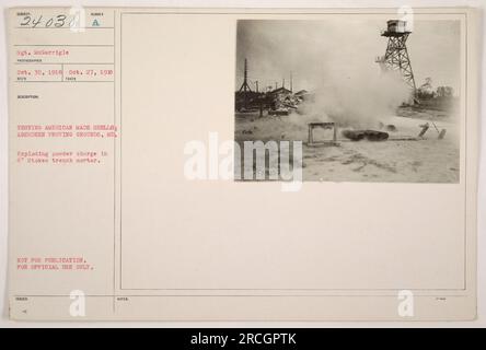 I soldati americani conducono un test di proiettili americani ad Aberdeen Proving Grounds, MD. Questa immagine mostra l'esplosione di una carica di polvere in un mortaio da trincea Stokes da 6'. La foto è stata scattata il 30 ottobre 1918 dal sergente McGarrigle e ricevuta il 27 ottobre 1988. Si prega di notare che questa immagine non è destinata alla pubblicazione ed è destinata esclusivamente all'uso ufficiale. Le banconote emesse indicano la loro classificazione come 24936. Foto Stock