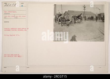 Sgt. McGarrigle che ha testato i proiettili di fabbricazione americana all'Aberdeen Proving Grounds nel Maryland. La fotografia lo cattura sparando inglese 75 Questa immagine è stata scattata il 30 ottobre 1918 ed è contrassegnata come non per la pubblicazione e solo per uso ufficiale. Foto Stock