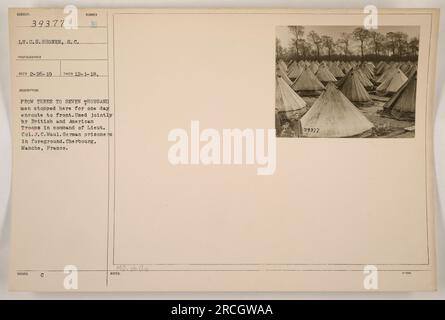 "Prima del fronte, i prigionieri tedeschi si riuniscono in primo piano di questa immagine scattata il 1° dicembre 1918. In questo luogo vicino a Cherbourg, Manche, Francia, tra il 3.000 e il 7.000 le truppe britanniche e americane si fermarono per un giorno, sotto il comando del tenente colonnello J. C. Maul. Fotografo: C.S.. Shoner, S.C.' Foto Stock