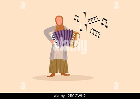 Business design disegnando donna araba musicista che suona fisarmonica. Interprete femminile suona uno strumento musicale acustico. Il fisarmonicista esegue la riproduzione di musica Foto Stock