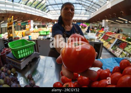 Bucarest, Romania. 14 luglio 2023: La contadina rumena mostra i pomodori alla macchina fotografica durante l'inaugurazione del mercato agroalimentare "Piata Norilor" presso il Municipio del settore 4 di Bucarest. Piața Norilor, il più nuovo e uno dei più moderni della capitale, è stato ricostruito nel suo vecchio sito dopo che il vecchio mercato a un piano è stato demolito e ora ha due piani, Al piano terra si trova un parcheggio e al primo piano si trova il mercato agroalimentare rivolto agli agricoltori rumeni. Crediti: Lucian Alecu/Alamy Live News Foto Stock