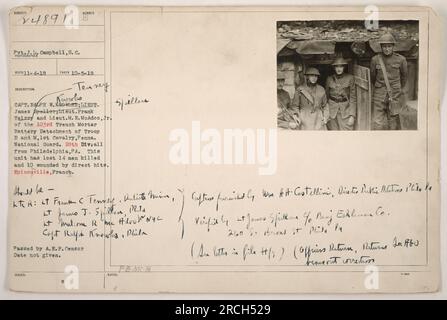 Nella foto: Pvt.J.L. Campbell, S. C., insieme al capitano Ralph W. Krowler, Lieut. James Spellerstbeut, Lieut. Frank Teirry e Lieut. M. R. McAdoo, Jr. Del 103rd Trench Mortaar Battery Detachment of Troop B and M, 1st Cavalry, penna. Guardia Nazionale. 28esima Divisione da Philadelphia, Pennsylvania. L'unità aveva subito 14 vittime e 10 feriti. Ubicazione: Epinouville, Francia. Censura approvazione da parte di A. E. F. Data non specificata. Foto Stock