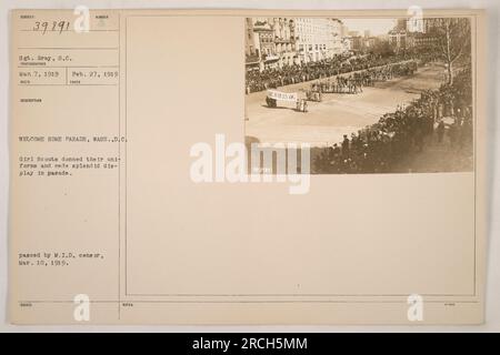 Girl Scouts che partecipa a una parata di benvenuto a Washington, D.C. il 27 febbraio 1919. Indossano le loro uniformi e mettono in mostra una vetrina lodevole. La fotografia è numerata 39891 ed è stata scattata da Sgt. Gray il 7 marzo 1919. È stato successivamente approvato dal M.I.D. censor il 10 marzo 1919. Foto Stock