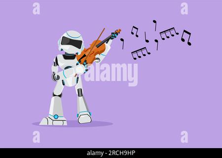 Disegno in stile cartone animato piatto musicista robot attivo che suona violino classico strumento musicale. Organismo cibernetico robot umanoide. Sviluppo robotico futuro Foto Stock