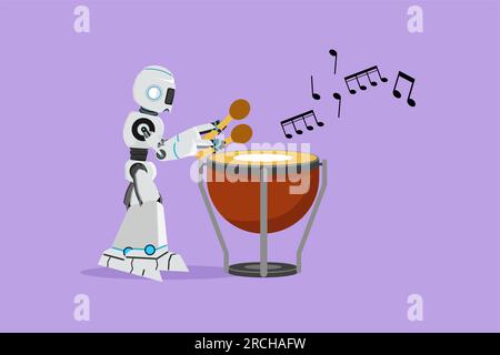 Disegno in stile cartone animato piatto lettore di percussioni robot attivo che tiene il bastone e gioca a timpani. Intelligenza artificiale robotica. Tecnologia elettronica indus Foto Stock