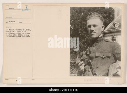 Ritratto ufficiale del 1° Lieut. William H. Abele, Supply Co., 324th Field Artillery, ucciso in azione il 27 ottobre 1918 durante l'offensiva Meuse-Argonne. Questa fotografia contiene il SIMBOLO H ed è stata scattata per uso ufficiale. RICEVUTO il 1 agosto 1919. Numero 61271. Foto Stock