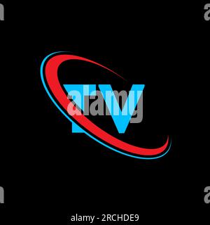 Logo TV T V Letter. Lettera iniziale del logo rosso e blu del monogramma in maiuscolo del cerchio collegato alla TV. Logo TV, design T V. tv, t v Illustrazione Vettoriale
