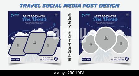 Modello di banner Web post sui social media per viaggi o turismo o modello di design post sul Web per tour vacanze Illustrazione Vettoriale