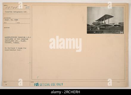 Aerei CANADESI J.N.4 in fase di produzione presso lo stabilimento Canadian Aeroplanes Ltd. Di Toronto, Canada. L'aereo De Haviland 6 è visto in questa immagine, pronto per un test sperimentale. Questa foto è stata scattata il 12 settembre 1918. Foto Stock