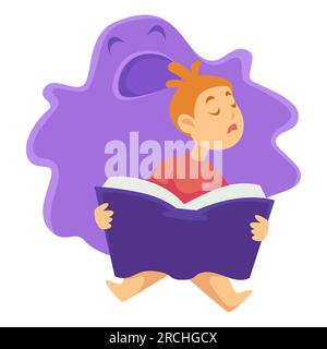 Bambino addormentato con un libro e un mostro immaginario, personaggio isolato Illustrazione Vettoriale