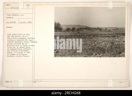 Pvt. Gibbons ha catturato questa foto il 1918 dicembre. L'immagine mostra il terreno catturato dalla 1st Division il 4 ottobre 1918, durante il primo giorno della seconda fase dell'offensiva Argonne-Meuse. La foto è stata scattata dal pendio inferiore op Cote 240, guardando a sud-est verso Exermont, Mosa, con il villaggio visibile in lontananza. Foto Stock