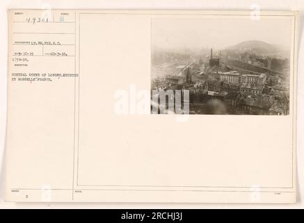 Questa fotografia, scattata dal tenente M. Pox, raffigura una scena generale di Longwy a Meurthe et Moselle, in Francia. L'immagine è stata scattata il 3 dicembre 1918. Foto Stock