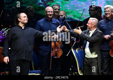 Cesky Krumlov, Repubblica Ceca. 14 luglio 2023. Il concerto di apertura, chiamato French Night of International Music Festival a Cesky Krumlov, Repubblica Ceca, 14 luglio 2023. Credito: Vaclav Pancer/CTK Photo/Alamy Live News Foto Stock