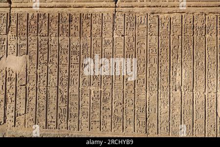 Antichi geroglifici egiziani scolpiti nel tempio di Kom Ombo, Assuan, Egitto Foto Stock