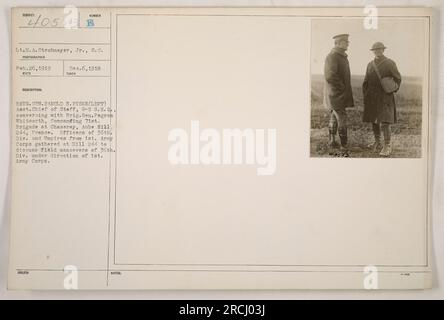 L'immagine mostra Brig. Generale Harold B. Fiske, Asst. Capo di stato maggiore, G-5 G.H.Q., parla con Brig. Gen. Pegram Whitworth, comandante della 71a Brigata, a Chaserey, Aube Hill 244, Francia. Stanno discutendo le manovre sul campo della 36th Division sotto la direzione del 1st Army Corps. La foto è stata scattata il 6 dicembre 1918. Foto Stock