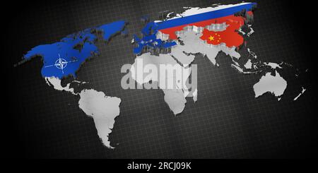 Paesi membri della NATO, Russia e Cina sulla mappa mondiale - illustrazione 3D. Foto Stock