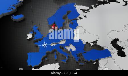 Danimarca nella NATO - mappa e bandiere - illustrazione 3D. Foto Stock