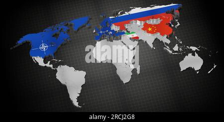Paesi membri della NATO, Russia, Cina, Iran e Corea del Nord - mappa e bandiere - illustrazione 3D. Foto Stock
