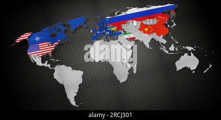 Crisi Ucraina - Stati Uniti, paesi membri della NATO, Russia, Bielorussia, Iran, Cina e Corea del Nord - illustrazione 3D. Foto Stock