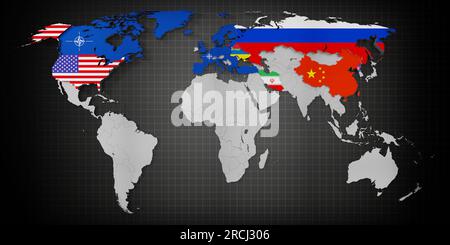 Crisi Ucraina - Stati Uniti, paesi membri della NATO, Russia, Bielorussia, Iran, Cina e Corea del Nord - illustrazione 3D. Foto Stock