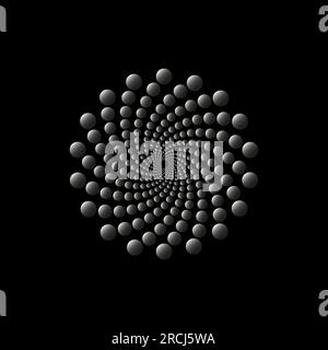 Vortice dei punti ruotati al centro diminuendo in prospettiva. Logo astratto. Elemento di design geometrico digitale isolato su nero Illustrazione Vettoriale