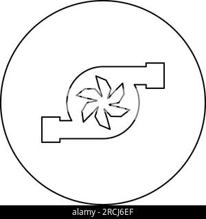 Icona del turbocompressore del servizio di riparazione del turbocompressore dell'automobile Concept mobile con turbina in cerchio, profilo dell'immagine vettoriale rotondo di colore nero Illustrazione Vettoriale
