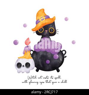 Halloween con questa simpatica e divertente illustrazione ad acquerello di gatto nero. L'adorabile amico felino indossa un cappello da strega mentre è seduto su un calderone gorgogliante Illustrazione Vettoriale