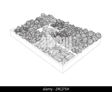 Set di dadi vettoriali wireframe. Fondo vettoriale di noci secche e semi - mandorla, anacardi, arachidi, noci, pistacchio. Cibo per il negozio di alimentari, bianco e nero Illustrazione Vettoriale