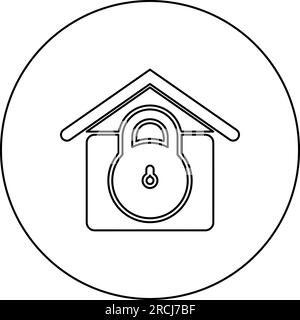 Protezione della casa con lucchetto con lucchetto icona di sicurezza di protezione in cerchio rotondo di colore nero illustrazione vettoriale contorno immagine Illustrazione Vettoriale
