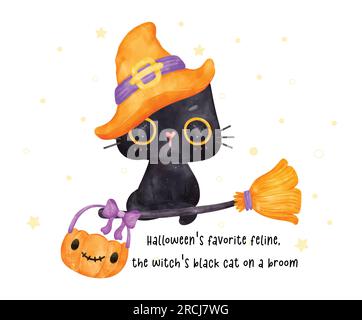 Cerebrate Halloween con Un simpatico gatto nero che indossa un cappello da strega e vola su una scopa. Questa affascinante opera d'arte ad acquerello cattura l'essenza dello spaventoso Illustrazione Vettoriale