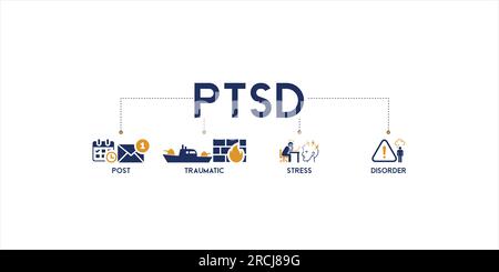 Banner del pittogramma del concetto di illustrazione vettoriale PTSD con parole chiave inglesi e icona e simbolo di post, traumatico, stress e disturbo. Illustrazione Vettoriale