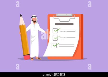 Disegno grafico piatto che disegna felice attraente uomo d'affari arabo in piedi con enorme matita, appunti, lista di controllo completata. Successo aziendale completato Foto Stock