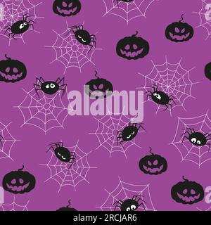 Motivo senza cuciture con ragni e zucche carini. Tema vettoriale di Halloween. Illustrazione Vettoriale