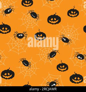 Motivo senza cuciture con ragni e zucche carini. Tema Halloween, illustrazione vettoriale. Illustrazione Vettoriale