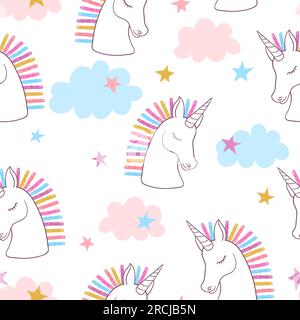 Motivo unicorni arcobaleno senza cuciture. Sfondo magico vettoriale per bambini. Illustrazione Vettoriale