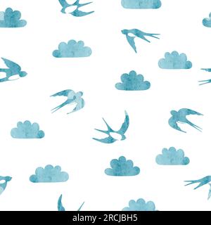Silhouette volanti di rondini e nuvole. Pattern ad acquerello senza cuciture. Illustrazione Vettoriale