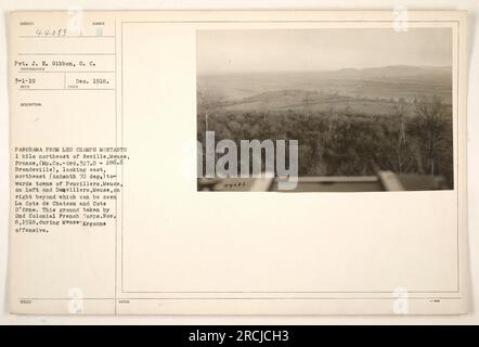 Pvt. J. E. Gibbon, S. C., scattò questa foto nel dicembre 1918. Mostra un panorama preso da Les Champs Montants, 1 km a nord-est di Reville, Mosa, Francia. La foto guarda a est, a nord-est verso le città di Peuvillers e Devillers. In lontananza si possono vedere la Cote de Chateau e la Cote D'Orne. Quest'area fu conquistata dal 2nd Colonial French Corps l'8 novembre 1918, durante l'offensiva della Mosa-Argonne. Foto Stock