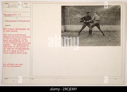 Il sergente McGarrigle scattò questa fotografia il 30 ottobre 1918, raffigurando Mike Gibbons, campione di pesi medi e istruttore di boxe negli Stati Uniti Esercito, insieme a George Blake, dimostrando tecniche di autodifesa, sia armate che disarmate. La manifestazione si è svolta presso l'Army War College di Washington, D.C. L'immagine mostra la prima posizione dopo un parry, con una mano sul fucile. Questa fotografia è stata designata esclusivamente per uso ufficiale e non è destinata alla pubblicazione. È etichettato come 111-SC-24033 nella raccolta. Foto Stock