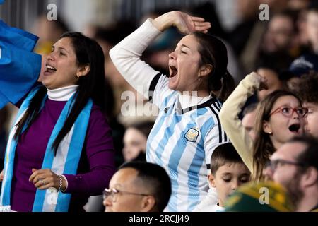 Sydney, Australia, 15 luglio 2023. Un tifoso argentino festeggia durante la partita del campionato di rugby tra Australia e Argentina al CommBank Stadium il 15 luglio 2023 a Sydney, in Australia. Crediti: Pete Dovgan/Speed Media/Alamy Live News Foto Stock