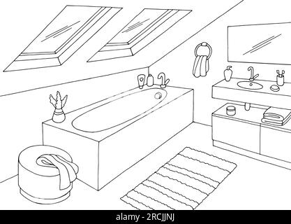 Attico bagno Graphic Home interior nero white sketch Illustration Vector Illustrazione Vettoriale