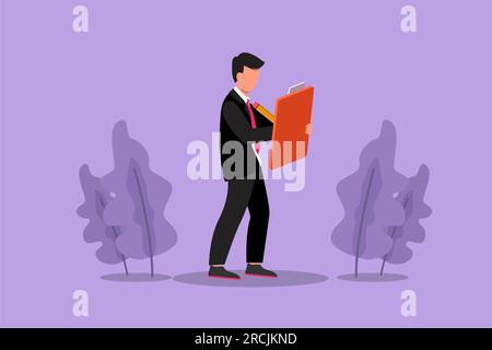 Stile piatto dei cartoni animati che disegna un giovane uomo d'affari in piedi e scrive con gli appunti. Il lavoratore in ufficio assiste e completa le attività su documenti cartacei. Busin Foto Stock