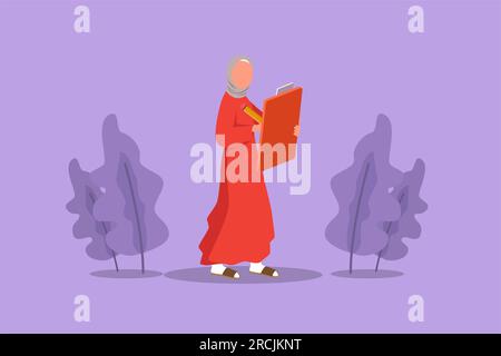 Cartone animato in stile piatto disegnando bellezza donna d'affari araba in piedi e scrivendo sugli appunti. La segretaria alla moda ha completato le attività su un documento cartaceo. Busin Foto Stock