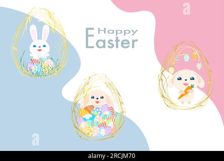 Modello di striscione felice Pasqua divertente coniglio in uovo d'oro illustrazione vettoriale isolata Illustrazione Vettoriale