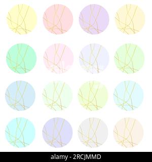 Kintsugi. L'arte giapponese di riparare le ceramiche rotte. Collezione di elementi Golden Crack Textured Design. Colori pastello Sfondi circolari per social media Illustrazione Vettoriale