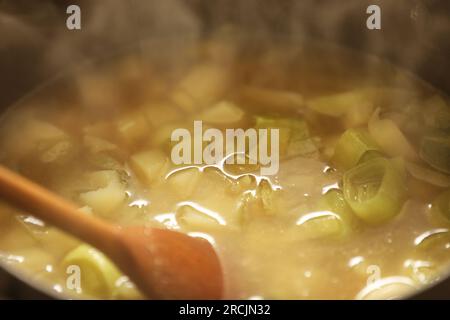 Farcire e zuppa di patate in un piatto marrone Foto Stock