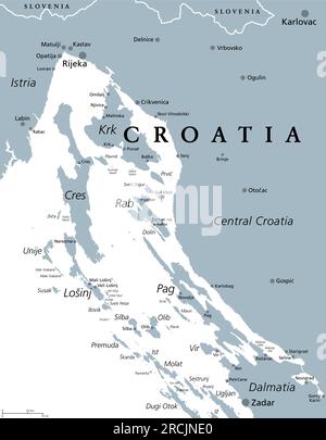 Golfo del Quarnero, parte delle acque interne della Croazia, mappa politica grigia. La baia del Quarnero nel Mare Adriatico settentrionale tra l'Istria e la Croazia centrale. Foto Stock