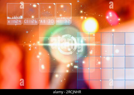 disegno astratto dei numeri planetari che si muovono su percorsi in linea verso il caos del cosmo, tela ad olio Foto Stock